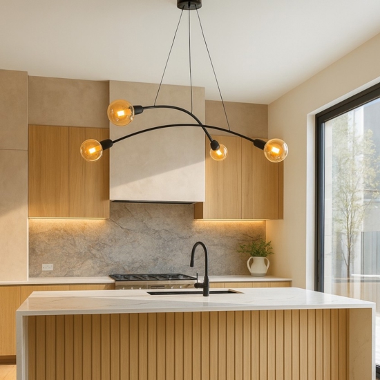 Lampadario per cucina moderna nero 4 luci tubi ad arco